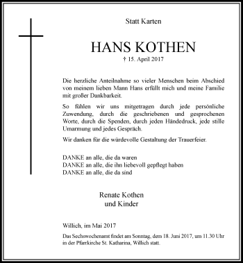 Traueranzeige von Hans Kothen von Rheinische Post