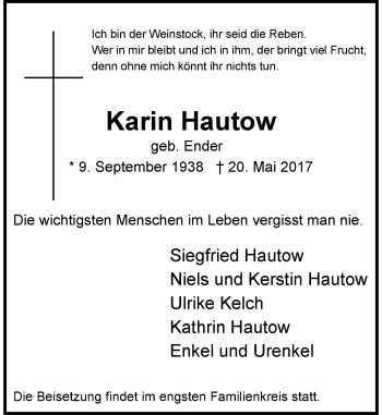 Traueranzeige von Karin Hautow von Rheinische Post