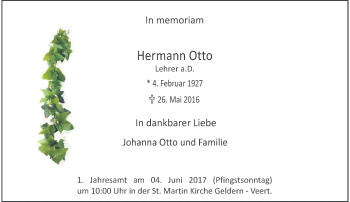 Traueranzeige von Hermann Otto von Rheinische Post