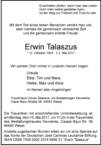 Traueranzeige von Erwin Talaszus von Rheinische Post