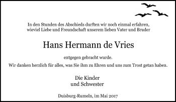 Traueranzeige von Hans Hermann de Vries von Rheinische Post