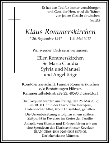 Traueranzeige von Klaus Rommerskirchen von Rheinische Post