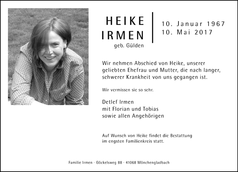  Traueranzeige für Heike Irmen vom 20.05.2017 aus Rheinische Post