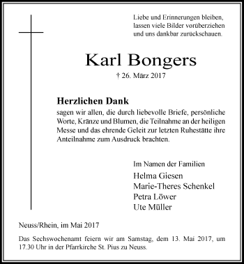 Traueranzeige von Karl Bongers von Rheinische Post