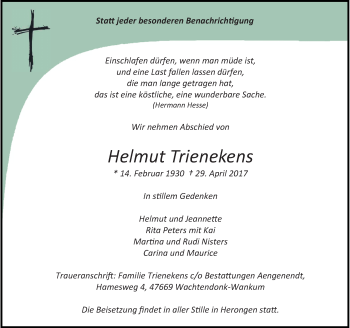 Traueranzeige von Helmut Trienekens von Rheinische Post