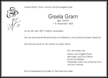 Traueranzeige von Gisela Gram von Rheinische Post