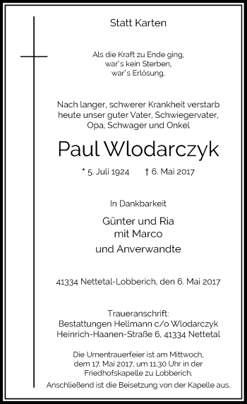 Traueranzeige von Paul Wlodarczyk von Rheinische Post