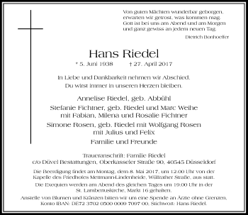 Traueranzeige von Hans Riedel von Rheinische Post