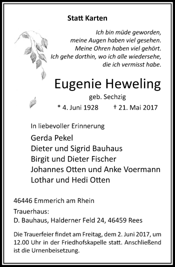 Traueranzeige von Eugenie Heweling von Rheinische Post