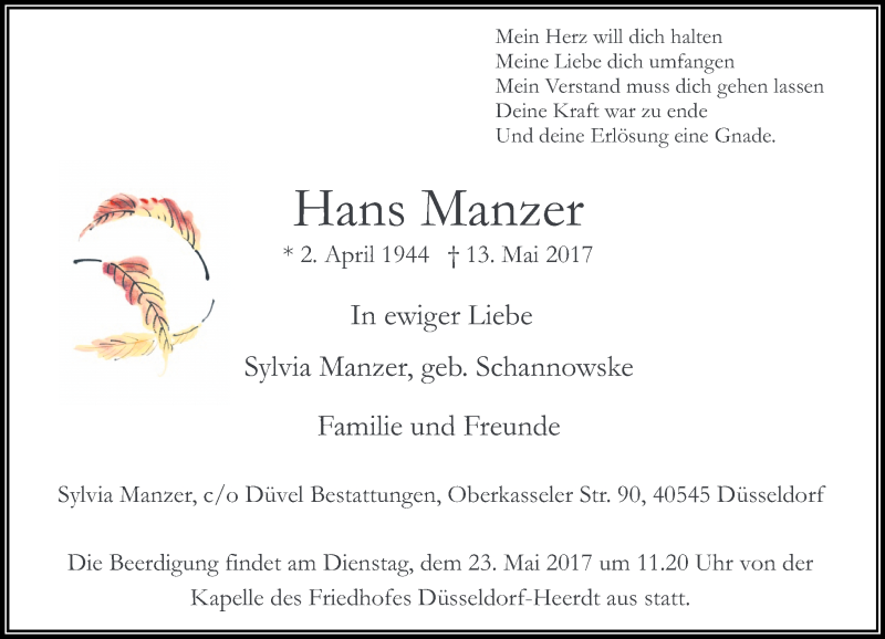  Traueranzeige für Hans Manzer vom 17.05.2017 aus Rheinische Post