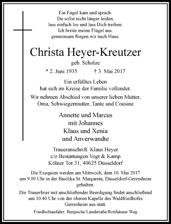 Traueranzeige von Christa Heyer-Kreutzer von Rheinische Post