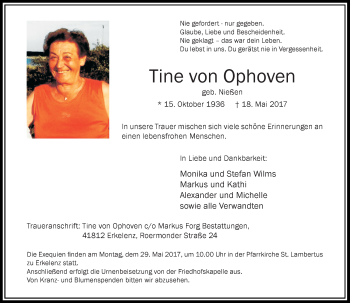 Traueranzeige von Tine von Ophoven von Rheinische Post