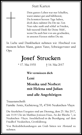 Traueranzeige von Josef Strucken von Rheinische Post