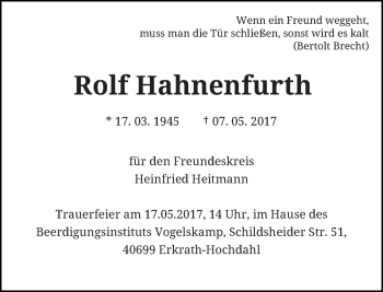 Traueranzeige von Rolf Hahnenfurth von Rheinische Post