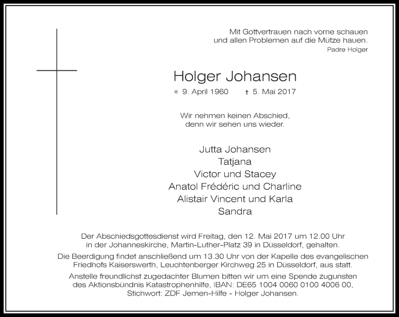  Traueranzeige für Holger Johansen vom 10.05.2017 aus Rheinische Post