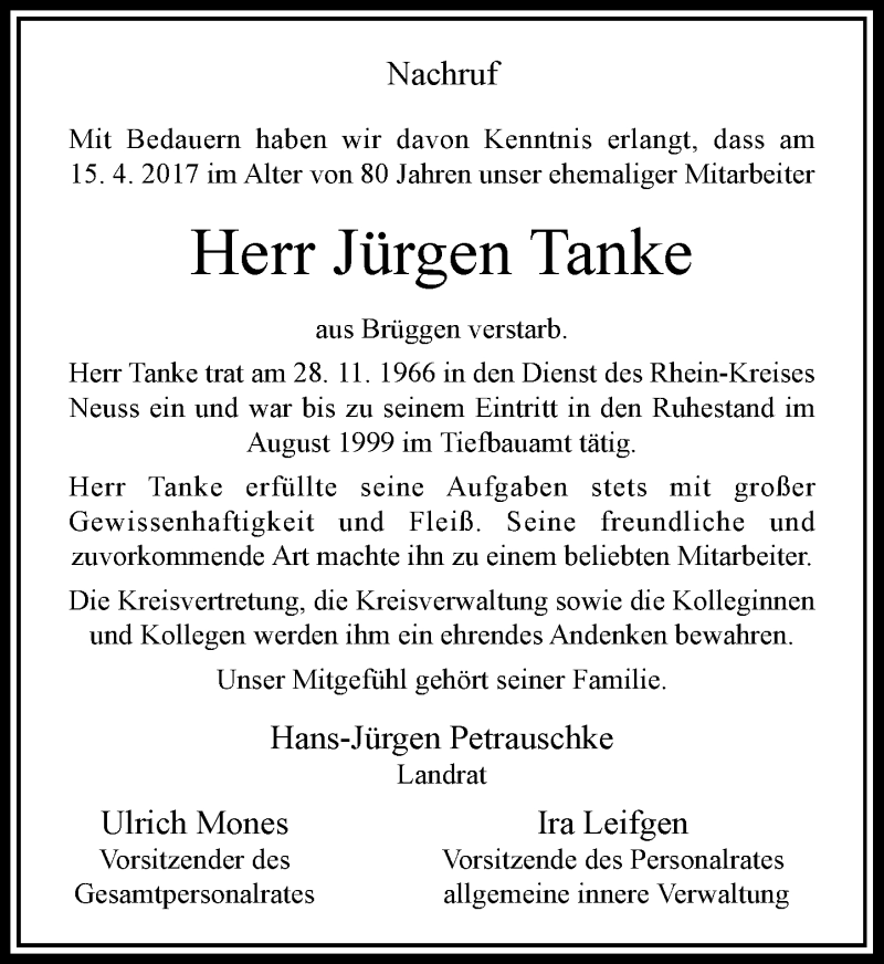 Traueranzeige für Jürgen Tanke vom 10.05.2017 aus Rheinische Post