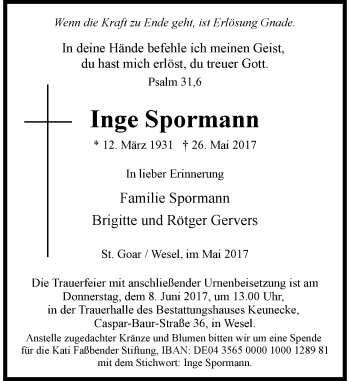 Traueranzeige von Inge Spormann von Rheinische Post