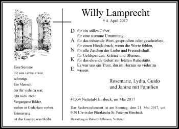 Traueranzeige von Willy Lamprecht von Rheinische Post