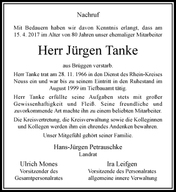 Traueranzeige von Jürgen Tanke von Rheinische Post