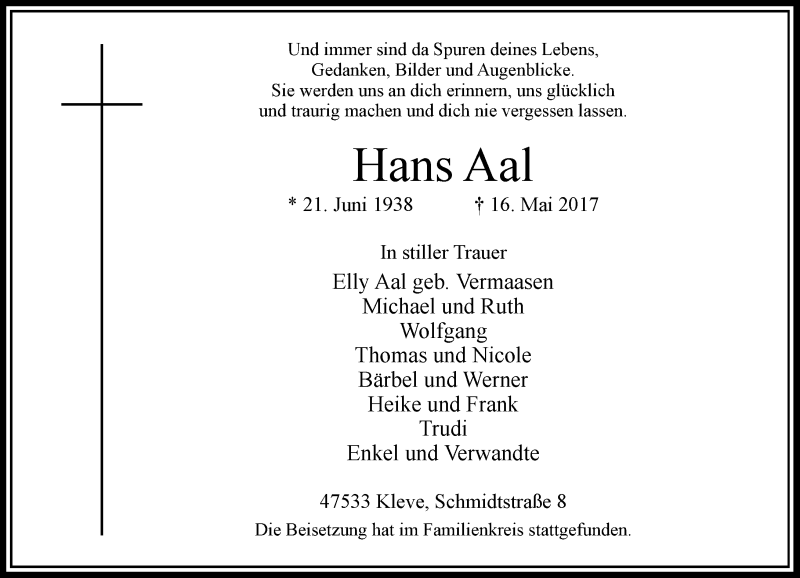  Traueranzeige für Hans Aal vom 27.05.2017 aus Rheinische Post
