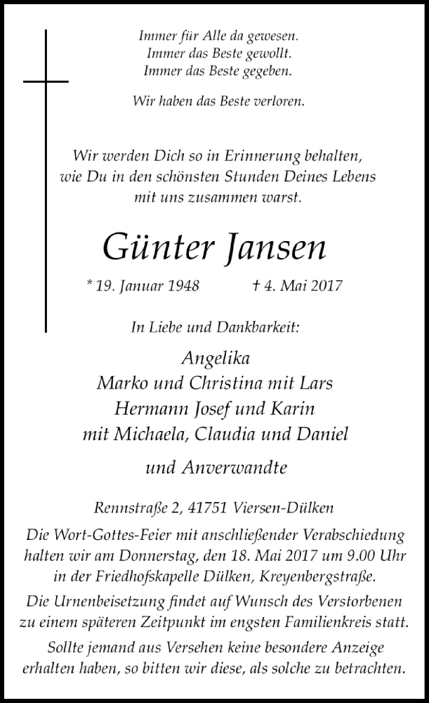  Traueranzeige für Günter Jansen vom 13.05.2017 aus Rheinische Post
