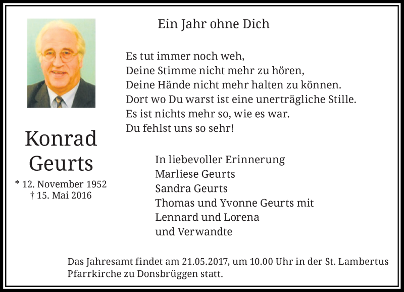  Traueranzeige für Konrad Geurts vom 13.05.2017 aus Rheinische Post