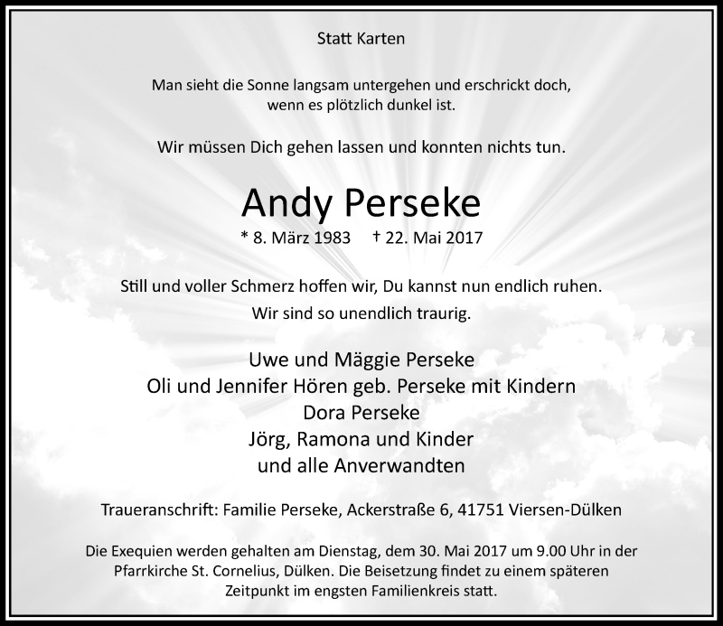  Traueranzeige für Andy Perseke vom 27.05.2017 aus Rheinische Post