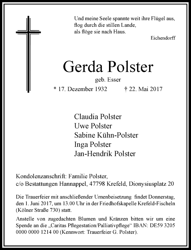  Traueranzeige für Gerda Polster vom 27.05.2017 aus Rheinische Post