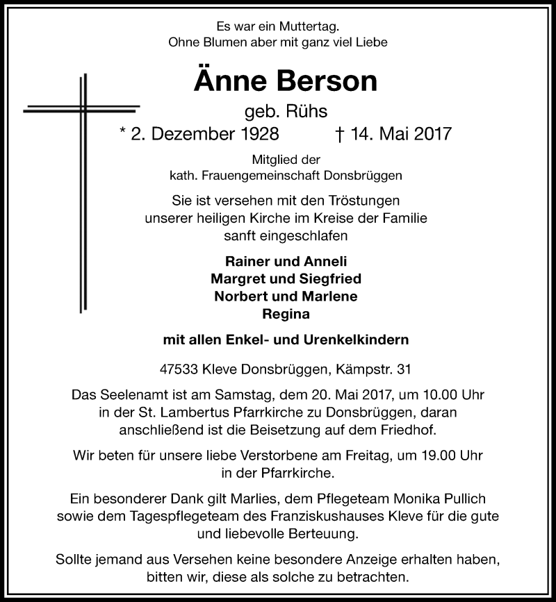  Traueranzeige für Anne Berson vom 16.05.2017 aus Rheinische Post