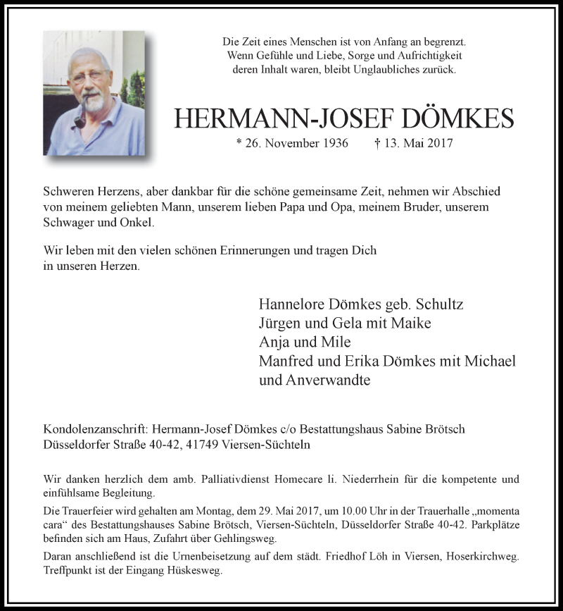  Traueranzeige für Hermann-Josef Dömkes vom 20.05.2017 aus Rheinische Post