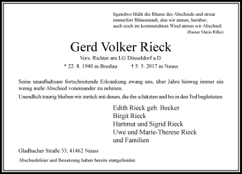 Traueranzeige von Gerd Volker Rieck von Rheinische Post