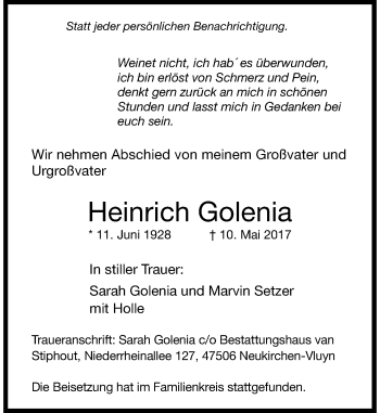 Traueranzeige von Heinrich Golenia von Rheinische Post
