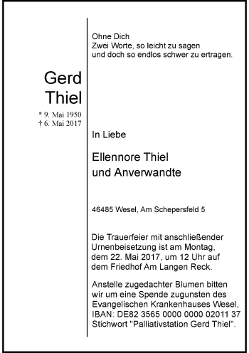 Traueranzeige von Gerd Thiel von Rheinische Post