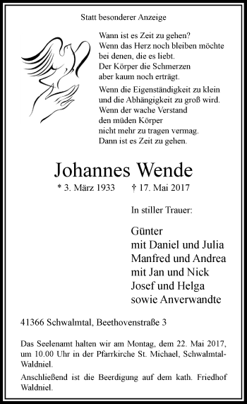 Traueranzeige von Johannes Wende von Rheinische Post