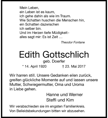 Traueranzeige von Edith Gottschlich von Rheinische Post