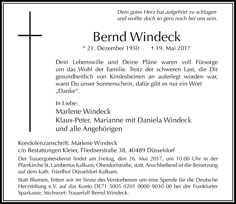  Traueranzeige für Bernd Windeck vom 23.05.2017 aus Rheinische Post