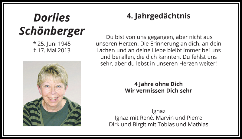  Traueranzeige für Dorlies Schönberger vom 13.05.2017 aus Rheinische Post