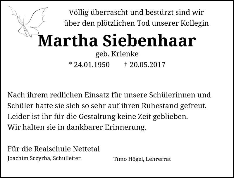  Traueranzeige für Martha Siebenhaar vom 31.05.2017 aus Rheinische Post