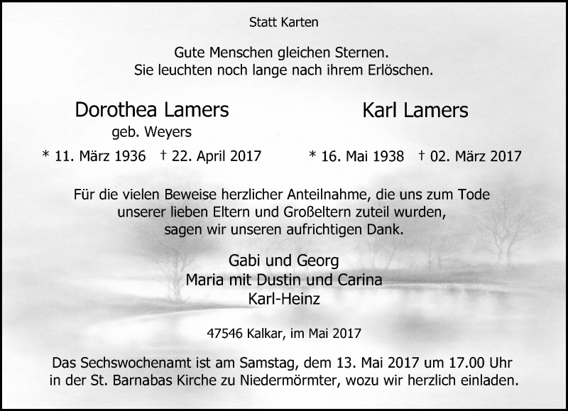 Alle Traueranzeigen für Dorothea und Karl Lamers