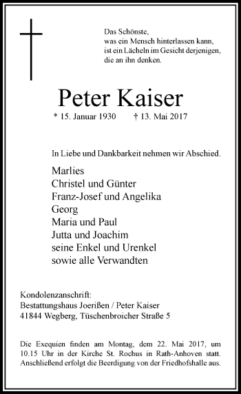 Traueranzeige von Peter Kaiser von Rheinische Post