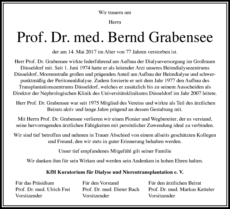  Traueranzeige für Bernd Grabensee vom 20.05.2017 aus Rheinische Post