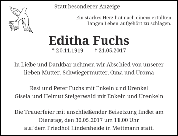 Traueranzeige von Editha Fuchs von Rheinische Post