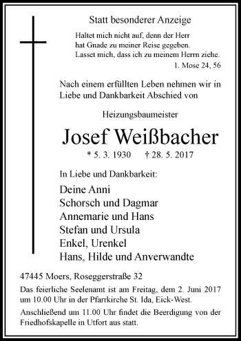 Traueranzeige von Josef Weißbacher von Rheinische Post