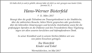 Traueranzeige von Hans-Werner Bisterfeld von Rheinische Post