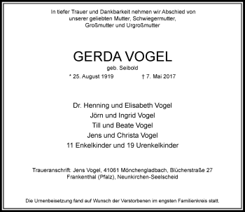 Traueranzeige von Gerda Vogel von Rheinische Post