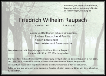 Traueranzeige von Friedrich Wilhelm Raupach von Rheinische Post
