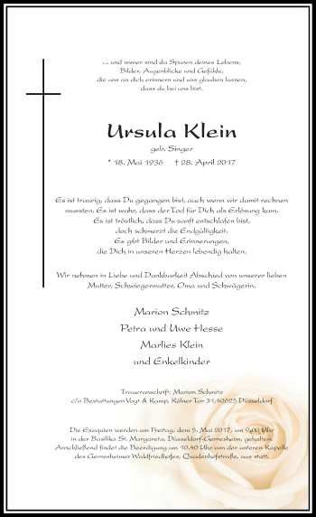 Traueranzeige von Ursula Klein von Rheinische Post