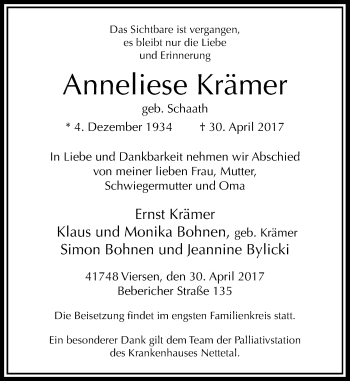 Traueranzeige von Anneliese Krämer von Rheinische Post