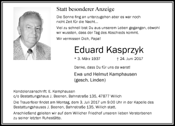 Traueranzeige von Eduard Kasprzyk von Rheinische Post