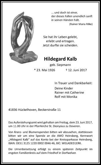 Traueranzeige von Hildegard Kalb von Rheinische Post